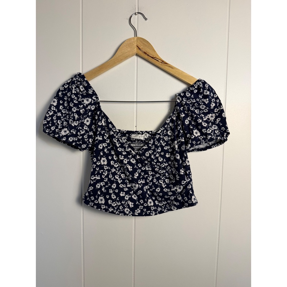 Boho Y2K Going Out Top Crop S Navy Blue White Floral Puff Sleeve Smocked